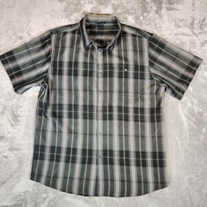 R&R Casuals Button Up Shirt Men's XXL 2XL Gray Blue Beige Plaid Polyester